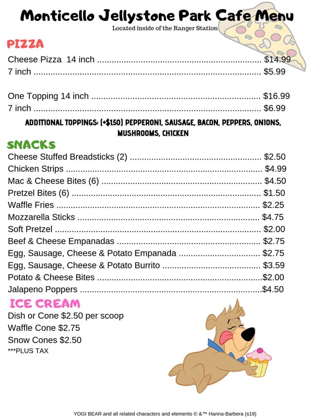 cafe menu, yogi bear snacks